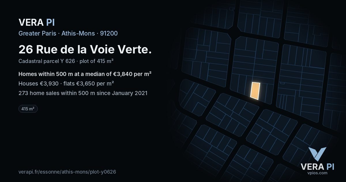 26 Rue de la Voie Verte, Athis-Mons at night – the plot lit, the parcels around coloured by the prices near them