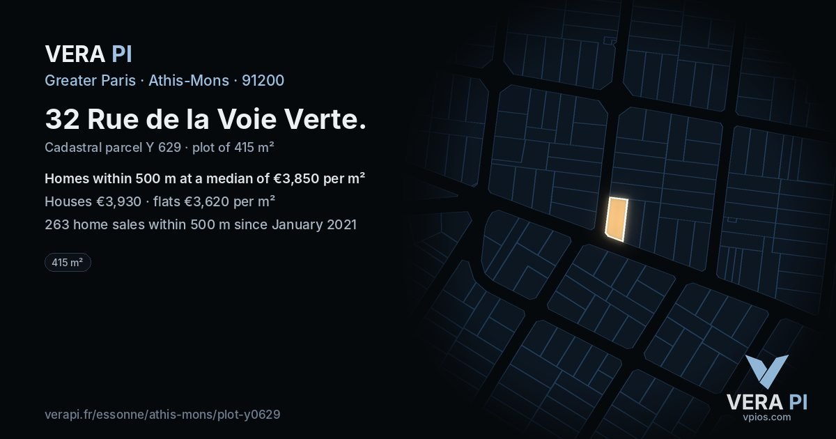 32 Rue de la Voie Verte, Athis-Mons at night – the plot lit, the parcels around coloured by the prices near them