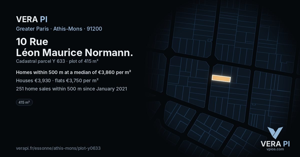 10 Rue Léon Maurice Normann, Athis-Mons at night – the plot lit, the parcels around coloured by the prices near them