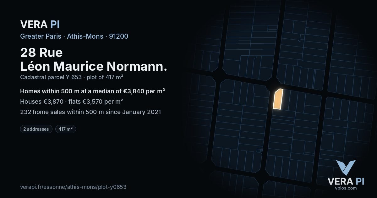 28 Rue Léon Maurice Normann, Athis-Mons at night – the plot lit, the parcels around coloured by the prices near them