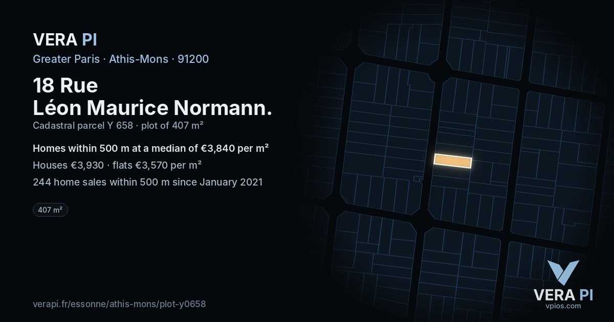18 Rue Léon Maurice Normann, Athis-Mons at night – the plot lit, the parcels around coloured by the prices near them