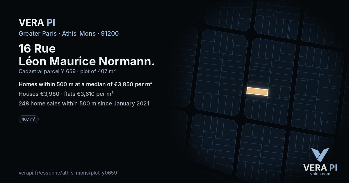 16 Rue Léon Maurice Normann, Athis-Mons at night – the plot lit, the parcels around coloured by the prices near them