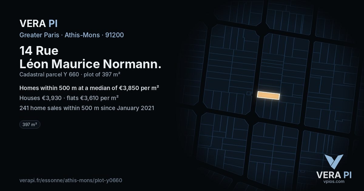 14 Rue Léon Maurice Normann, Athis-Mons at night – the plot lit, the parcels around coloured by the prices near them