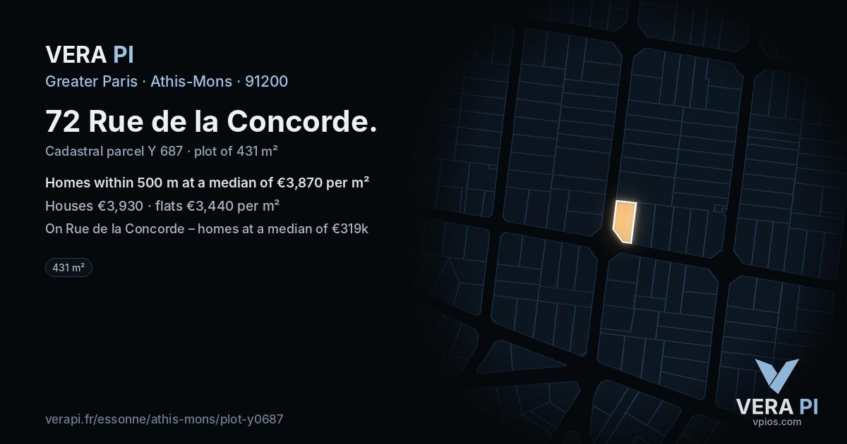 72 Rue de la Concorde, Athis-Mons at night – the plot lit, the parcels around coloured by the prices near them