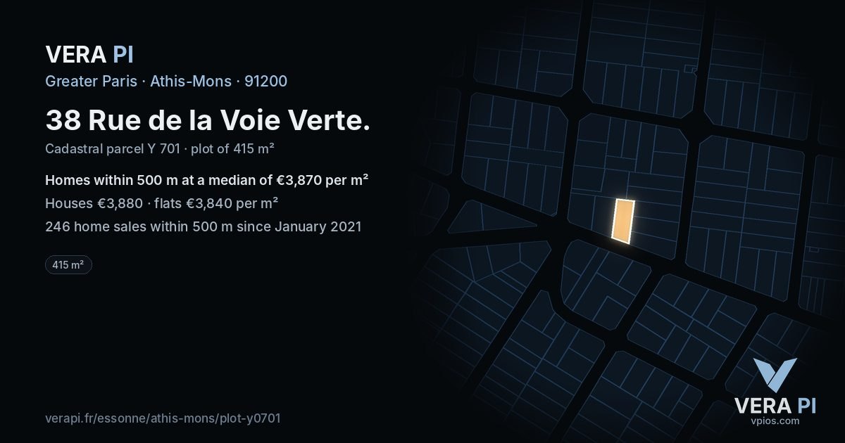 38 Rue de la Voie Verte, Athis-Mons at night – the plot lit, the parcels around coloured by the prices near them