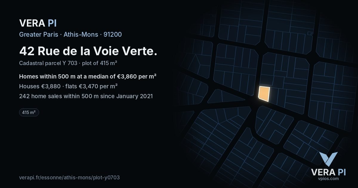 42 Rue de la Voie Verte, Athis-Mons at night – the plot lit, the parcels around coloured by the prices near them