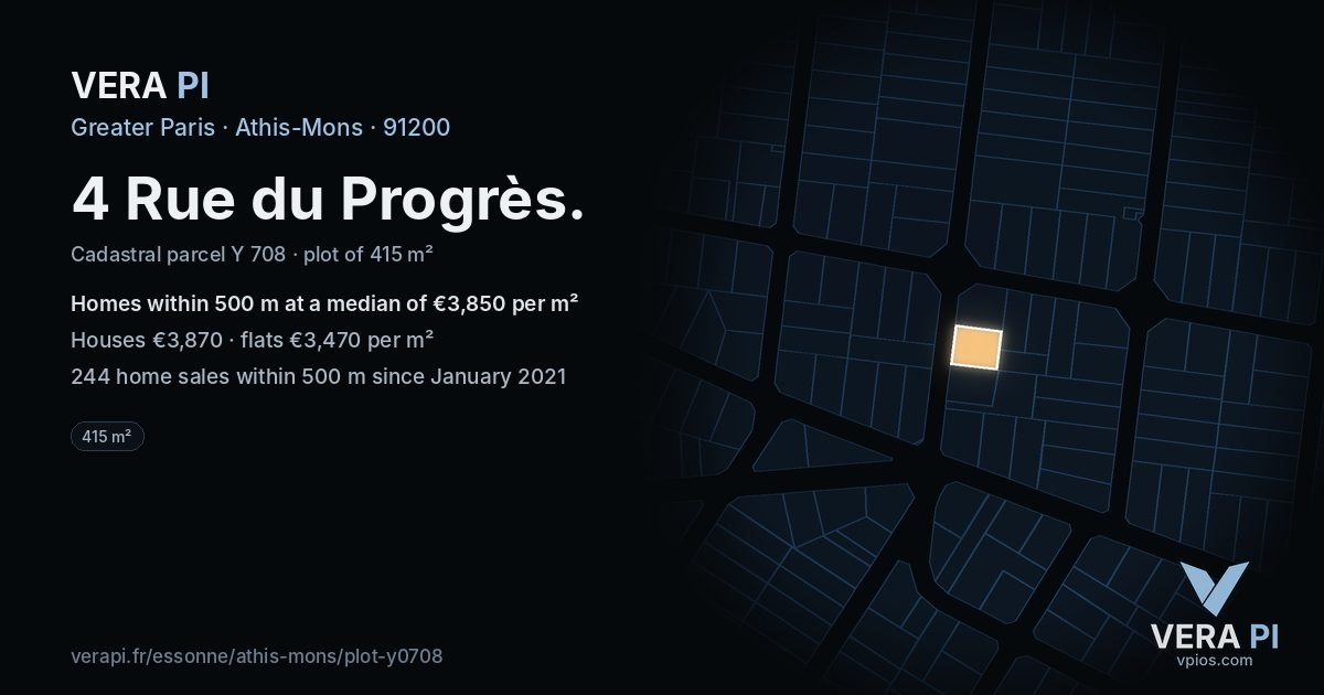 4 Rue du Progrès, Athis-Mons at night – the plot lit, the parcels around coloured by the prices near them