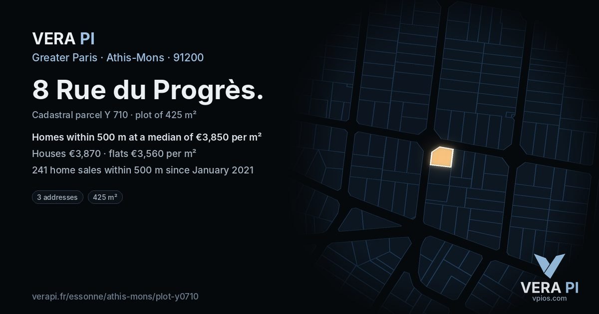 8 Rue du Progrès, Athis-Mons at night – the plot lit, the parcels around coloured by the prices near them