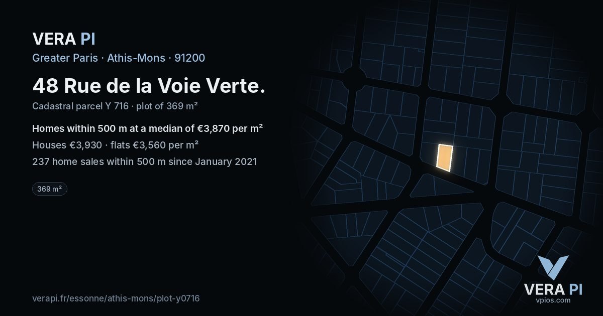48 Rue de la Voie Verte, Athis-Mons at night – the plot lit, the parcels around coloured by the prices near them