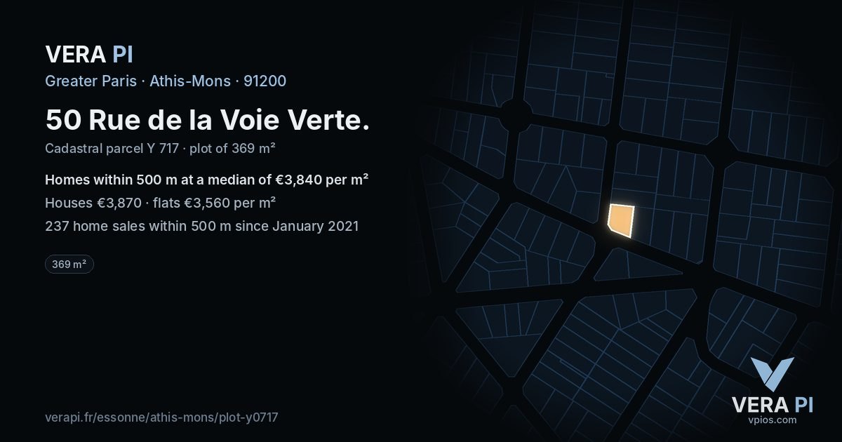 50 Rue de la Voie Verte, Athis-Mons at night – the plot lit, the parcels around coloured by the prices near them