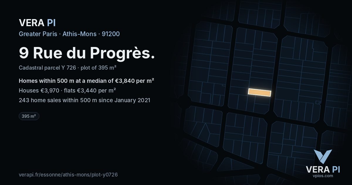 9 Rue du Progrès, Athis-Mons at night – the plot lit, the parcels around coloured by the prices near them