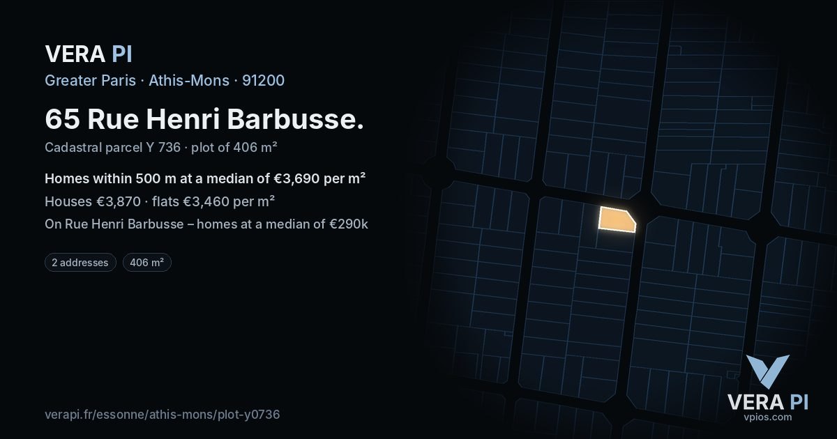 65 Rue Henri Barbusse, Athis-Mons at night – the plot lit, the parcels around coloured by the prices near them