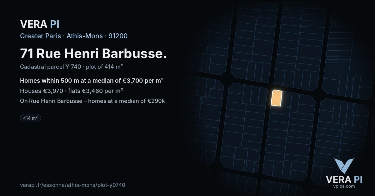 71 Rue Henri Barbusse, Athis-Mons at night – the plot lit, the parcels around coloured by the prices near them