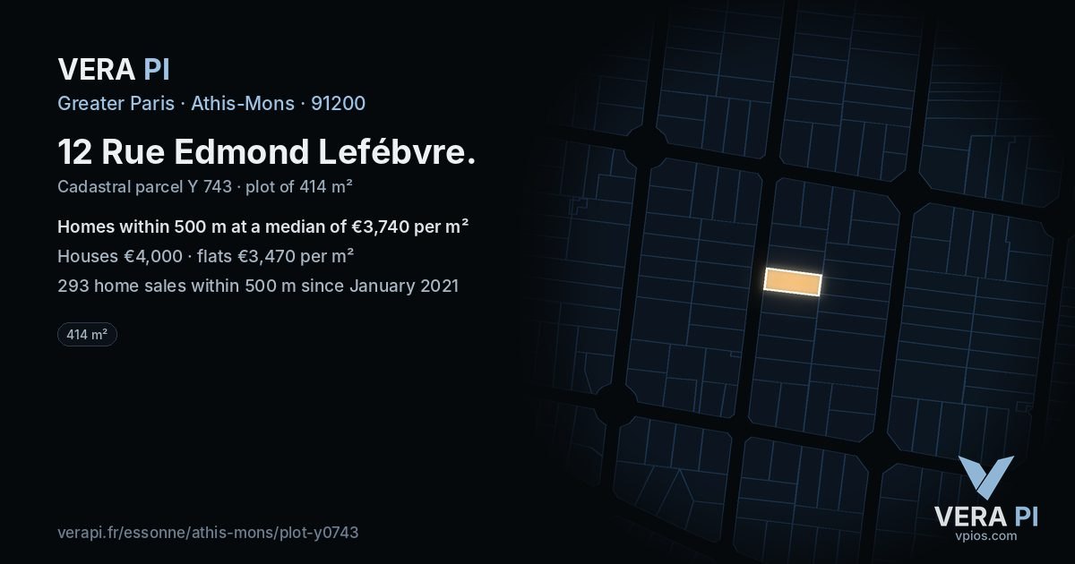 12 Rue Edmond Lefébvre, Athis-Mons at night – the plot lit, the parcels around coloured by the prices near them