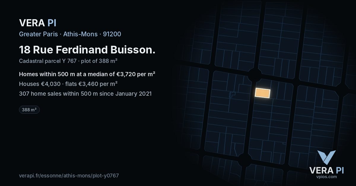 18 Rue Ferdinand Buisson, Athis-Mons at night – the plot lit, the parcels around coloured by the prices near them