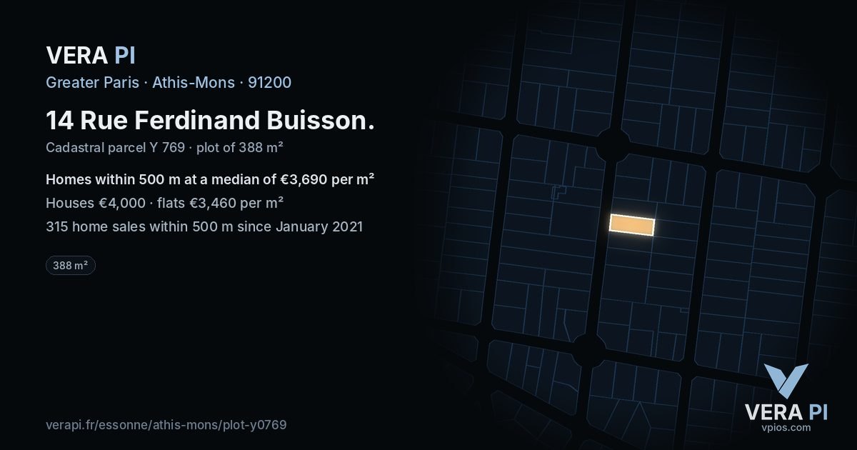 14 Rue Ferdinand Buisson, Athis-Mons at night – the plot lit, the parcels around coloured by the prices near them