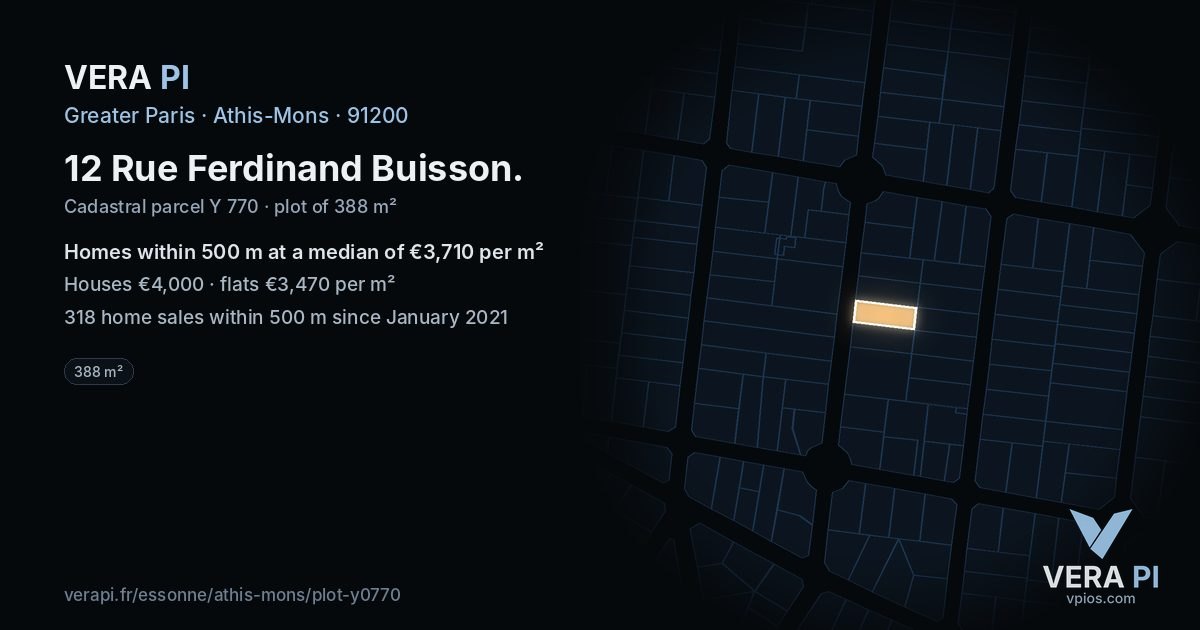 12 Rue Ferdinand Buisson, Athis-Mons at night – the plot lit, the parcels around coloured by the prices near them