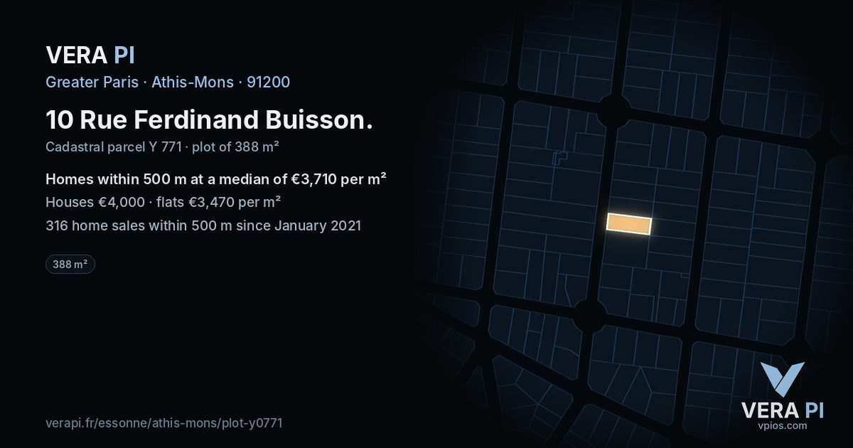 10 Rue Ferdinand Buisson, Athis-Mons at night – the plot lit, the parcels around coloured by the prices near them