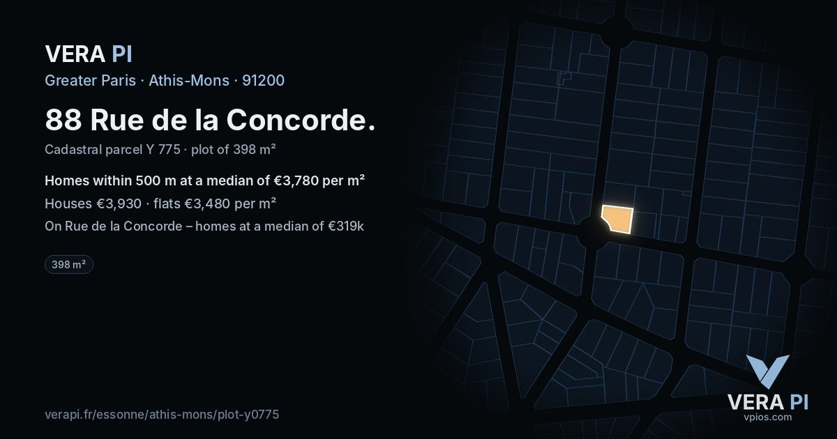 88 Rue de la Concorde, Athis-Mons at night – the plot lit, the parcels around coloured by the prices near them