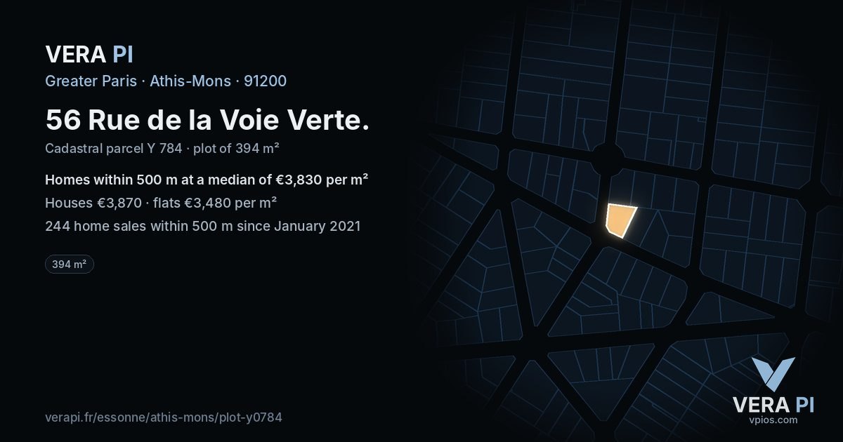 56 Rue de la Voie Verte, Athis-Mons at night – the plot lit, the parcels around coloured by the prices near them