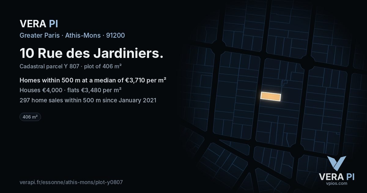 10 Rue des Jardiniers, Athis-Mons at night – the plot lit, the parcels around coloured by the prices near them