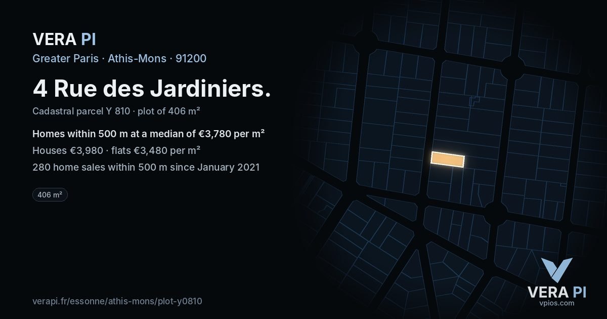 4 Rue des Jardiniers, Athis-Mons at night – the plot lit, the parcels around coloured by the prices near them