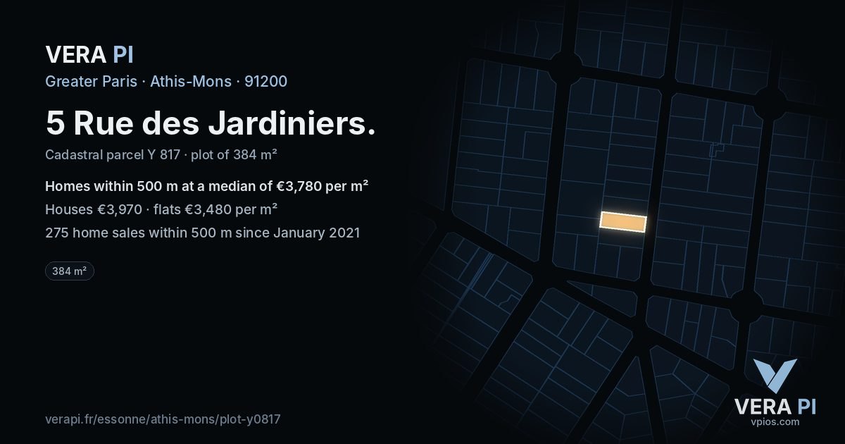 5 Rue des Jardiniers, Athis-Mons at night – the plot lit, the parcels around coloured by the prices near them