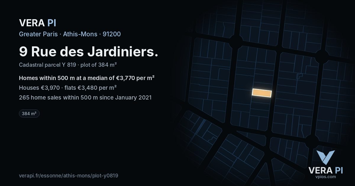 9 Rue des Jardiniers, Athis-Mons at night – the plot lit, the parcels around coloured by the prices near them