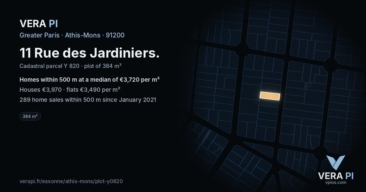 11 Rue des Jardiniers, Athis-Mons at night – the plot lit, the parcels around coloured by the prices near them
