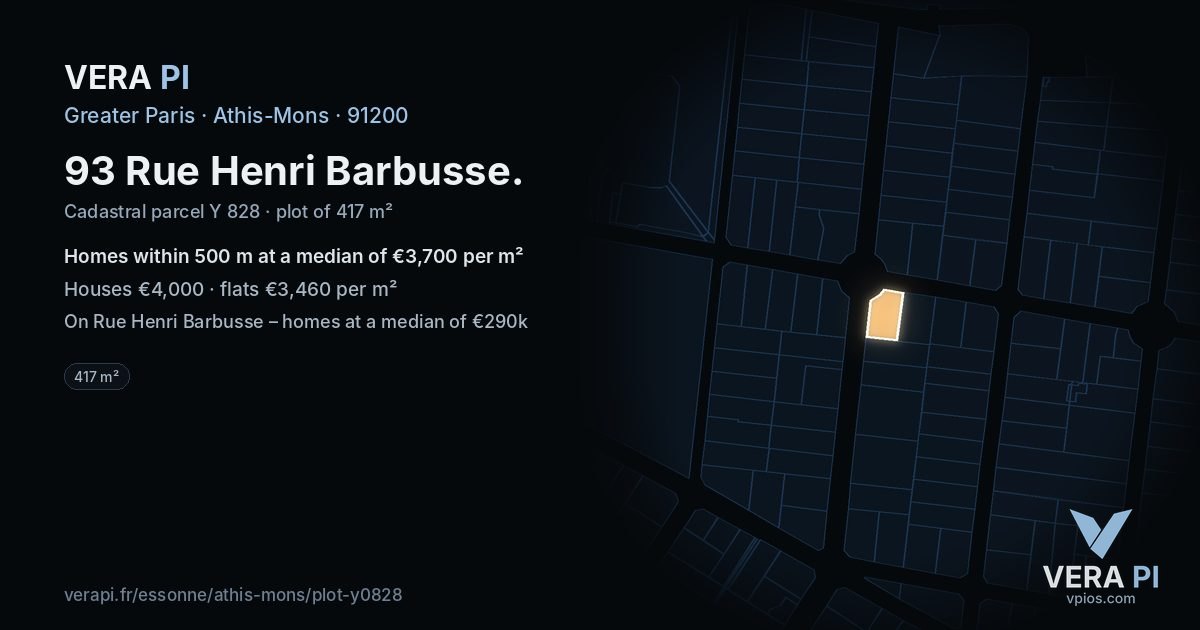 93 Rue Henri Barbusse, Athis-Mons at night – the plot lit, the parcels around coloured by the prices near them