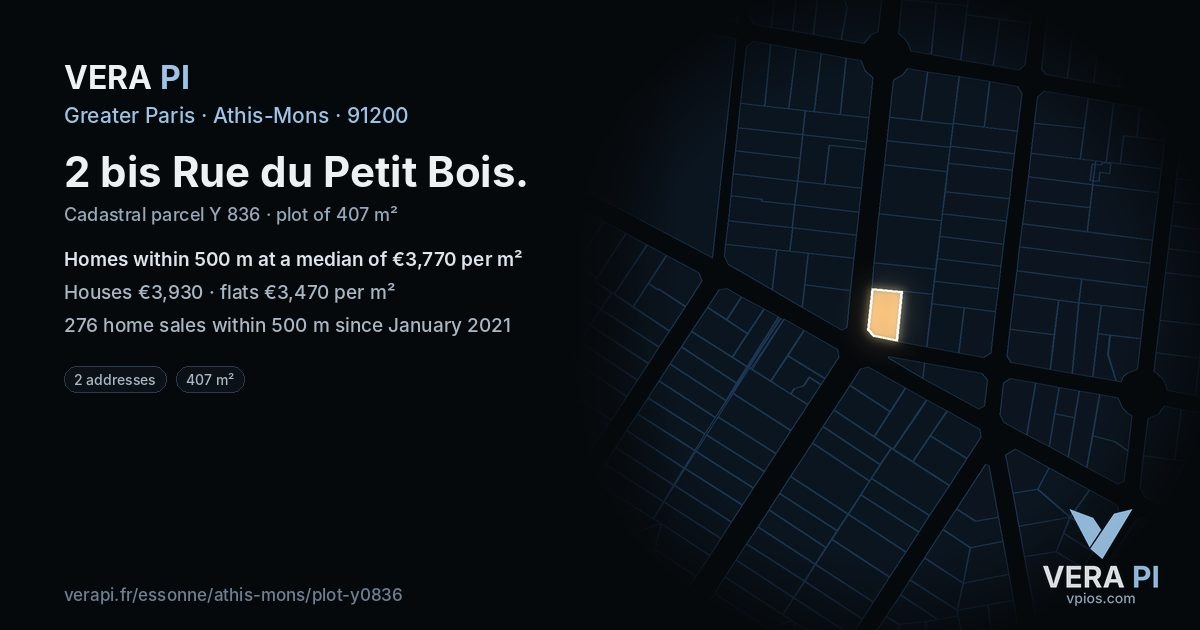 2 bis Rue du Petit Bois, Athis-Mons at night – the plot lit, the parcels around coloured by the prices near them