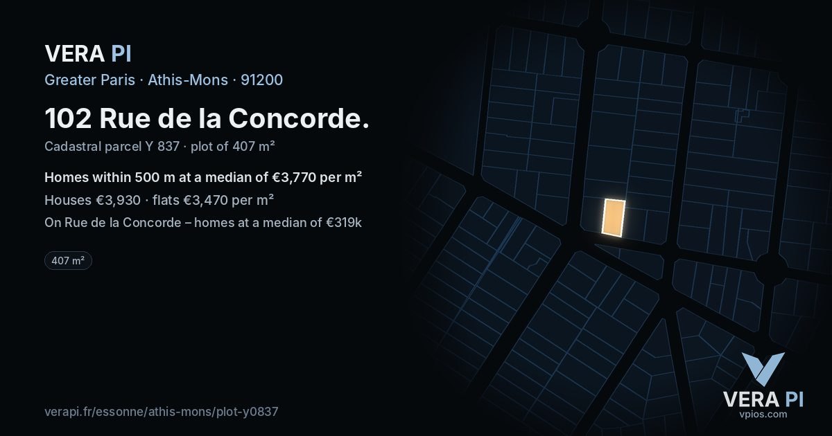 102 Rue de la Concorde, Athis-Mons at night – the plot lit, the parcels around coloured by the prices near them