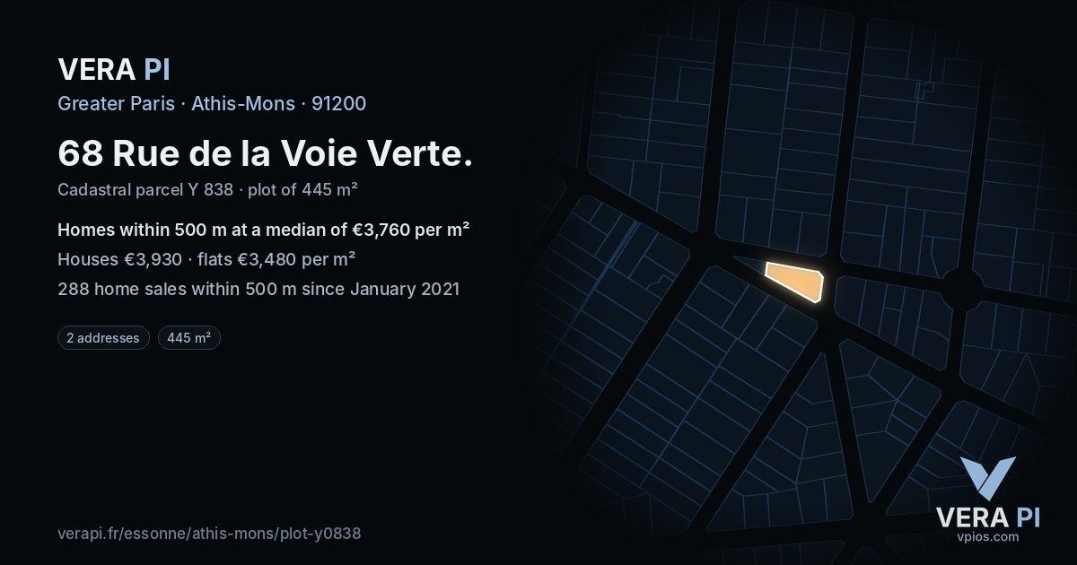 68 Rue de la Voie Verte, Athis-Mons at night – the plot lit, the parcels around coloured by the prices near them