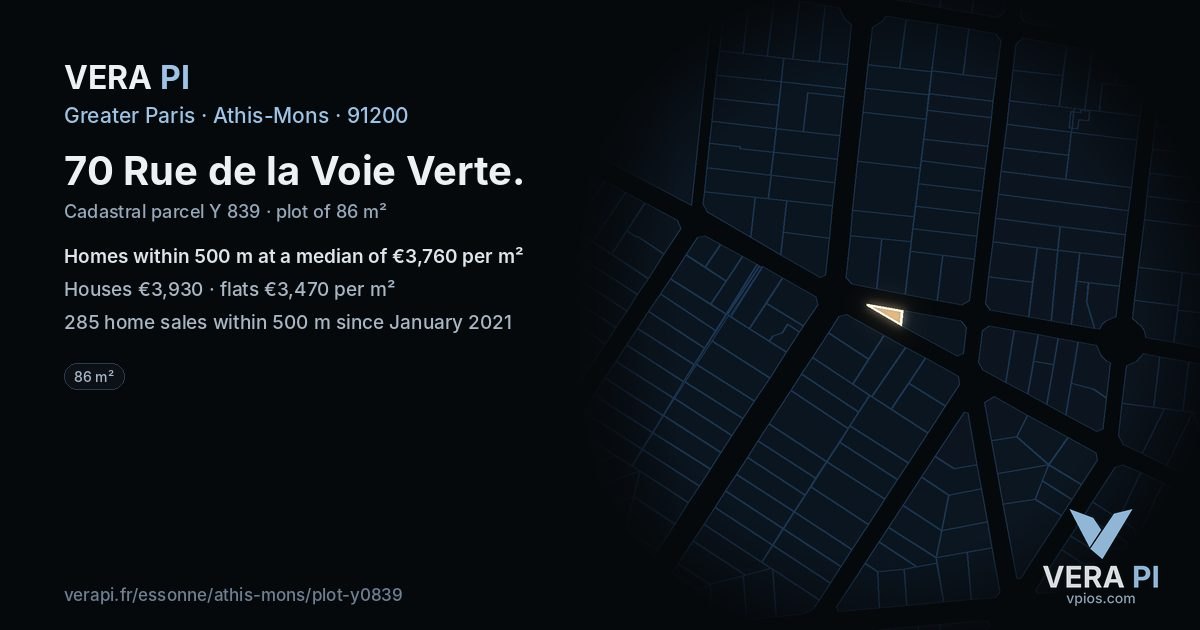 70 Rue de la Voie Verte, Athis-Mons at night – the plot lit, the parcels around coloured by the prices near them