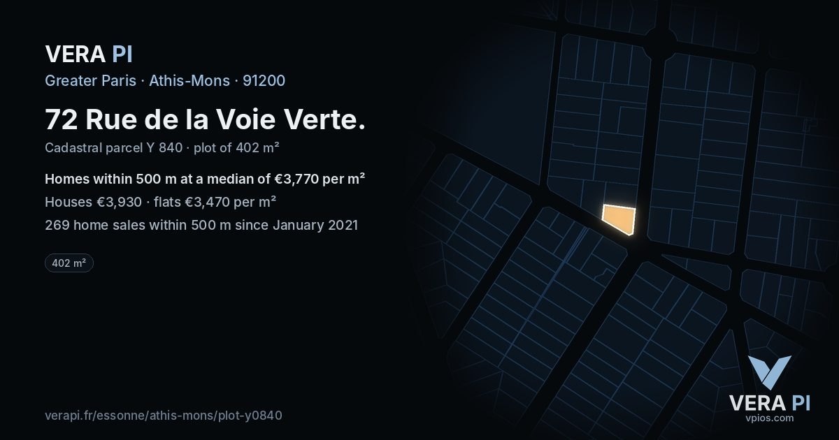 72 Rue de la Voie Verte, Athis-Mons at night – the plot lit, the parcels around coloured by the prices near them