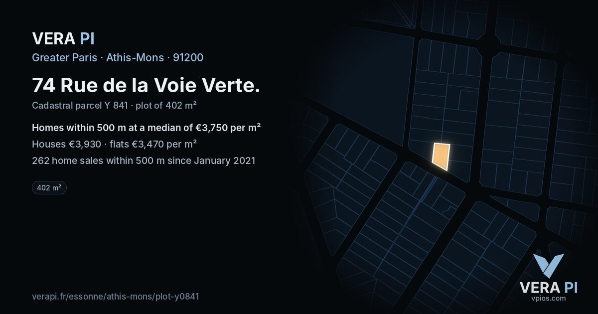 74 Rue de la Voie Verte, Athis-Mons at night – the plot lit, the parcels around coloured by the prices near them