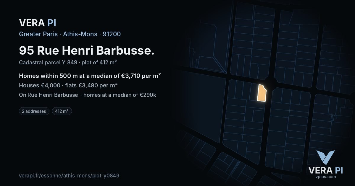 95 Rue Henri Barbusse, Athis-Mons at night – the plot lit, the parcels around coloured by the prices near them