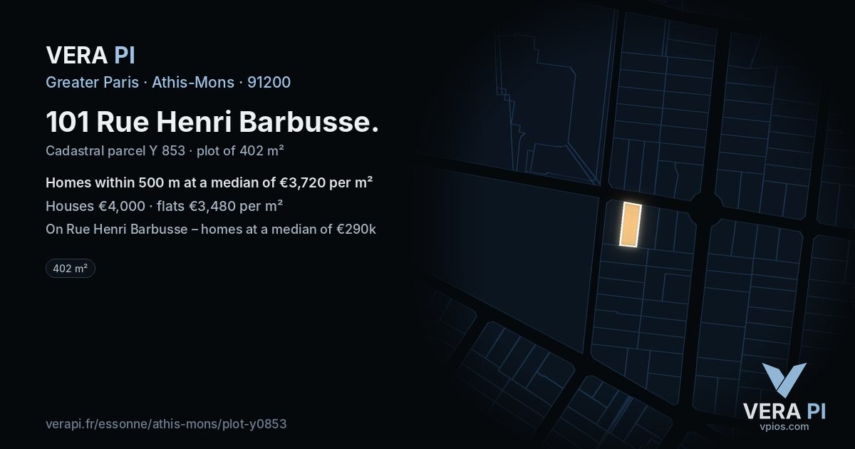 101 Rue Henri Barbusse, Athis-Mons at night – the plot lit, the parcels around coloured by the prices near them