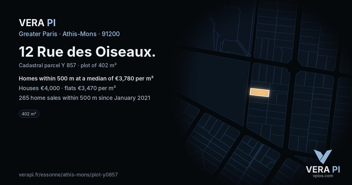12 Rue des Oiseaux, Athis-Mons at night – the plot lit, the parcels around coloured by the prices near them