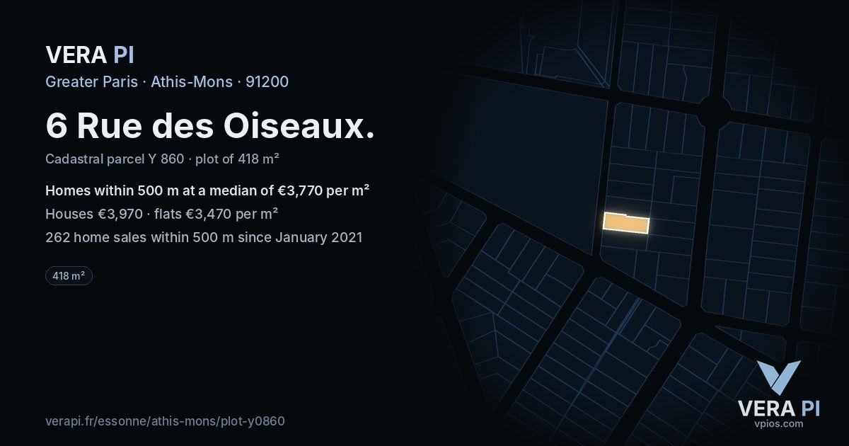 6 Rue des Oiseaux, Athis-Mons at night – the plot lit, the parcels around coloured by the prices near them