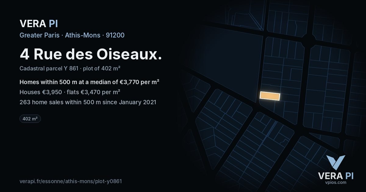 4 Rue des Oiseaux, Athis-Mons at night – the plot lit, the parcels around coloured by the prices near them