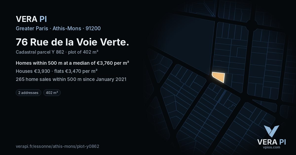 76 Rue de la Voie Verte, Athis-Mons at night – the plot lit, the parcels around coloured by the prices near them