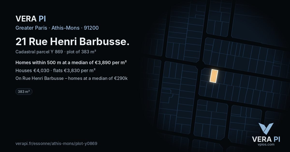 21 Rue Henri Barbusse, Athis-Mons at night – the plot lit, the parcels around coloured by the prices near them