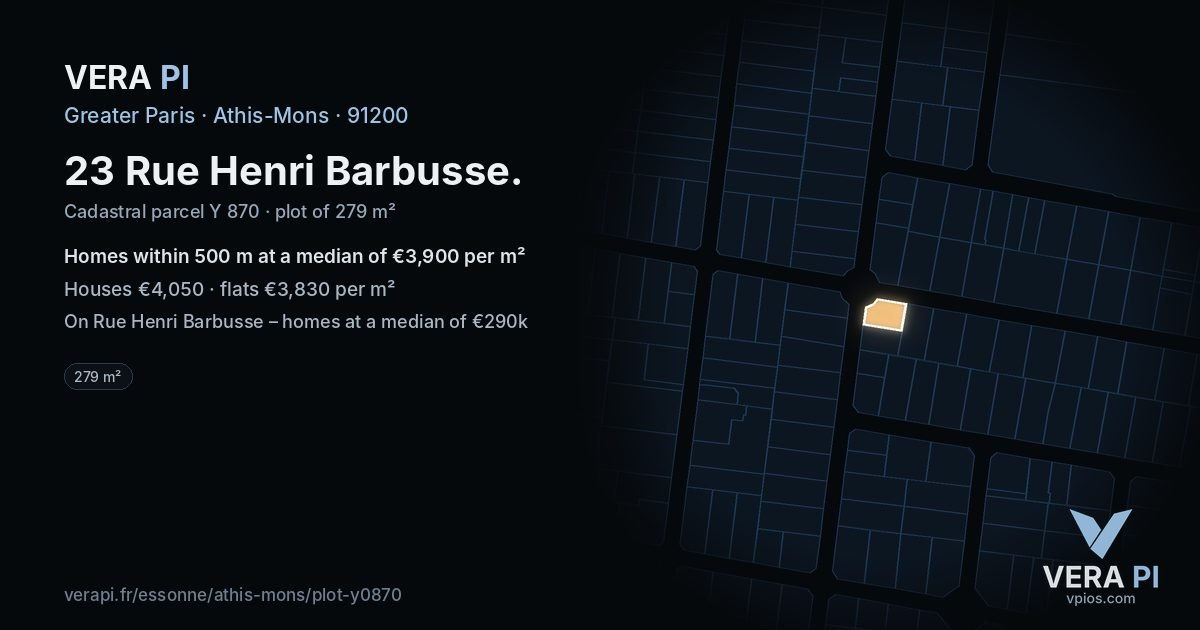 23 Rue Henri Barbusse, Athis-Mons at night – the plot lit, the parcels around coloured by the prices near them