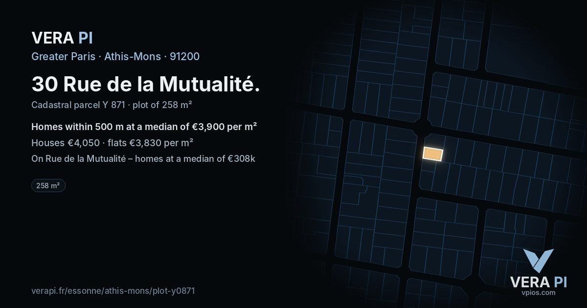 30 Rue de la Mutualité, Athis-Mons at night – the plot lit, the parcels around coloured by the prices near them