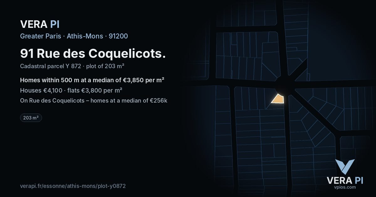 91 Rue des Coquelicots, Athis-Mons at night – the plot lit, the parcels around coloured by the prices near them