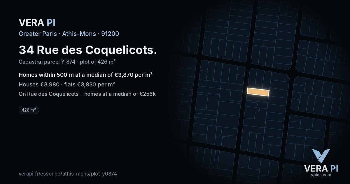 34 Rue des Coquelicots, Athis-Mons at night – the plot lit, the parcels around coloured by the prices near them