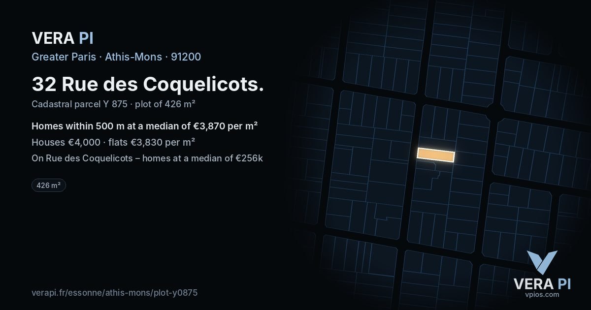 32 Rue des Coquelicots, Athis-Mons at night – the plot lit, the parcels around coloured by the prices near them