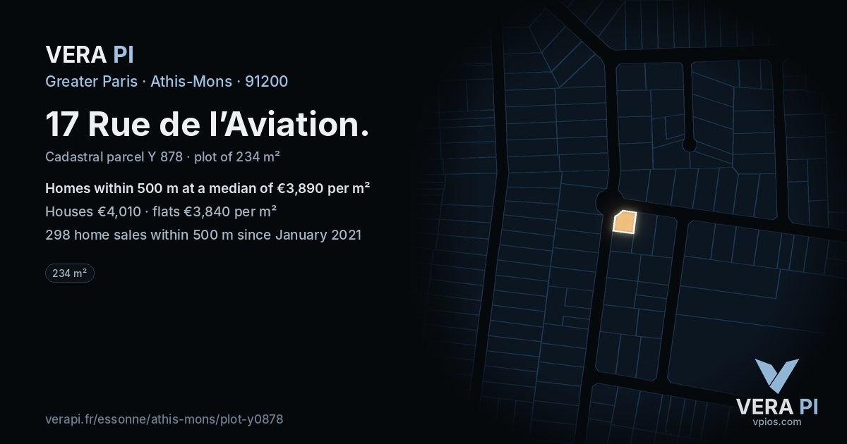 17 Rue de l’Aviation, Athis-Mons at night – the plot lit, the parcels around coloured by the prices near them