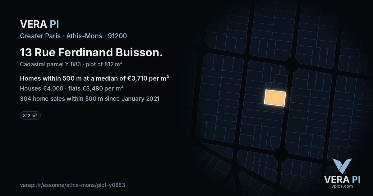 13 Rue Ferdinand Buisson, Athis-Mons at night – the plot lit, the parcels around coloured by the prices near them